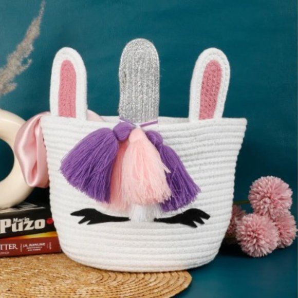 Unicorn face kids basket ears, horn, white, pink, 8x8 - Picture 4 of 9